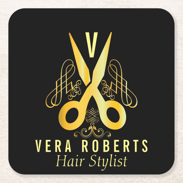 Hair Stylist Gold Scissor & Beauty Salon Business Square Paper Coaster (Front)