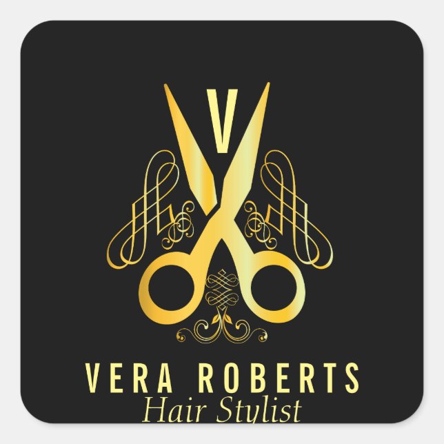 Hair Stylist Gold Scissor & Beauty Salon design Square Sticker (Front)