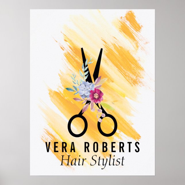 Hair Stylist Gold Scissor & Beauty Salon floral Poster (Front)