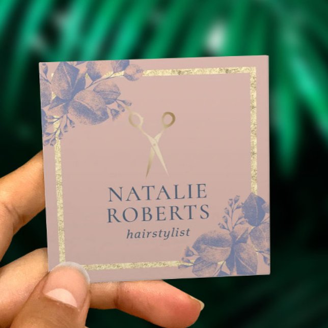 Hair Stylist Gold Scissor Botanical Dusty Rose Square Business Card (Creator Uploaded)