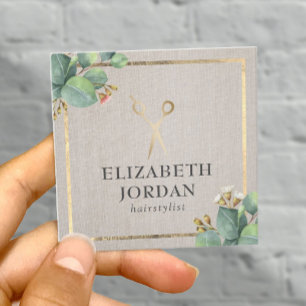 Hair Stylist Gold Scissor Botanical Vintage Linen Square Business Card