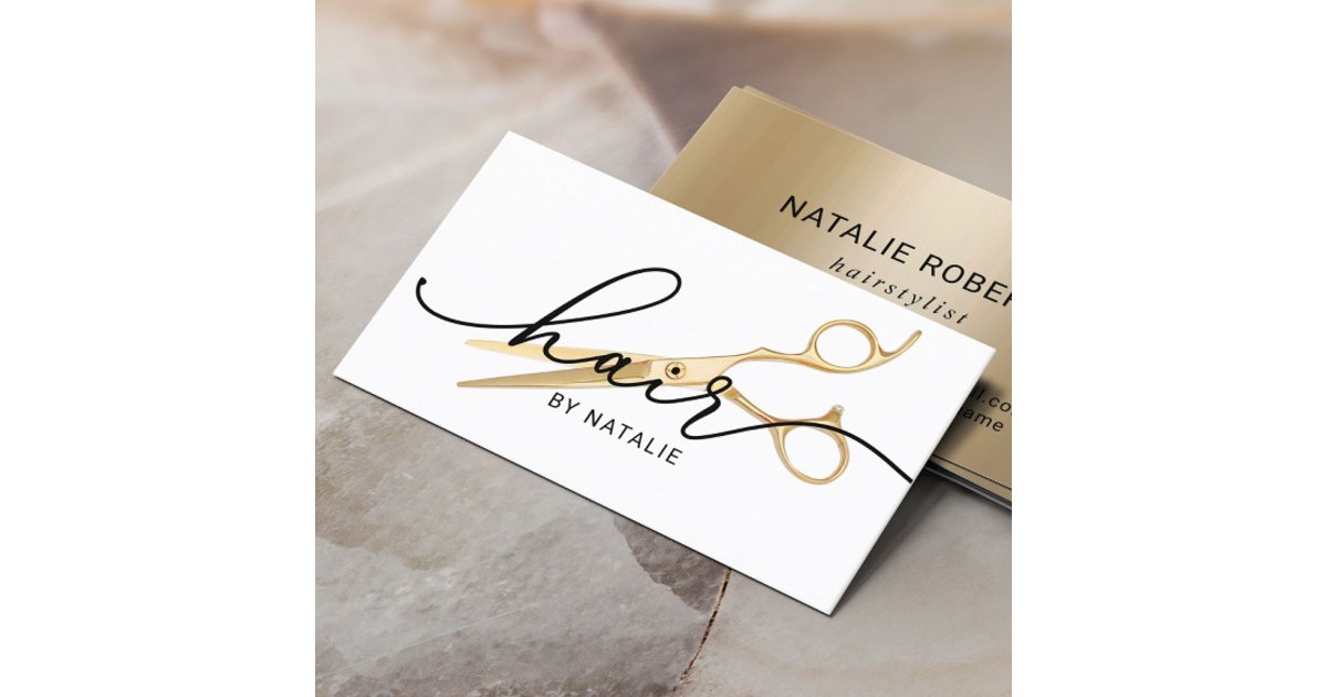 Hair Stylist Gold Scissor Elegant Script Salon Business Card | Zazzle