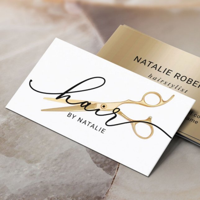 Hair Stylist Gold Scissor Elegant Script Salon Business Card (Creator Uploaded)