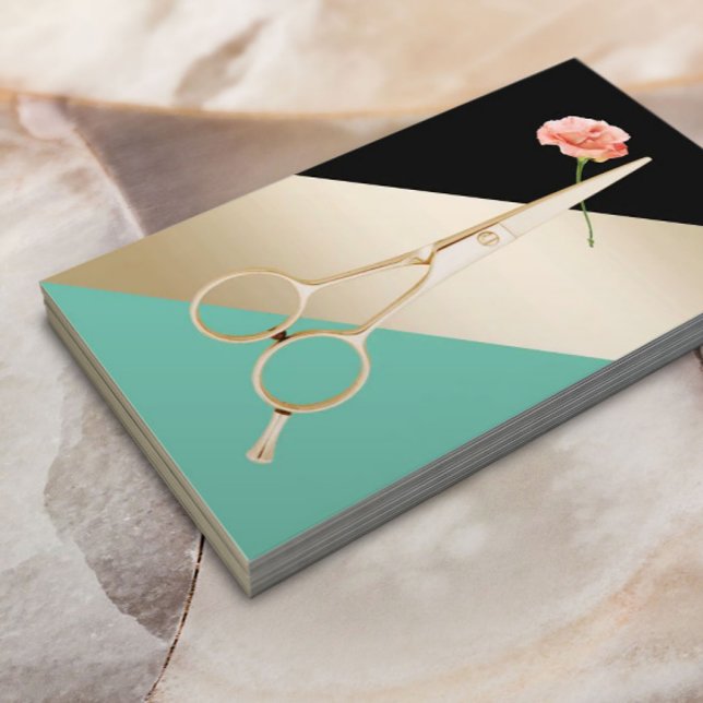Hair Stylist Gold Scissor & Flower Modern Stripes Business Card (Creator Uploaded)