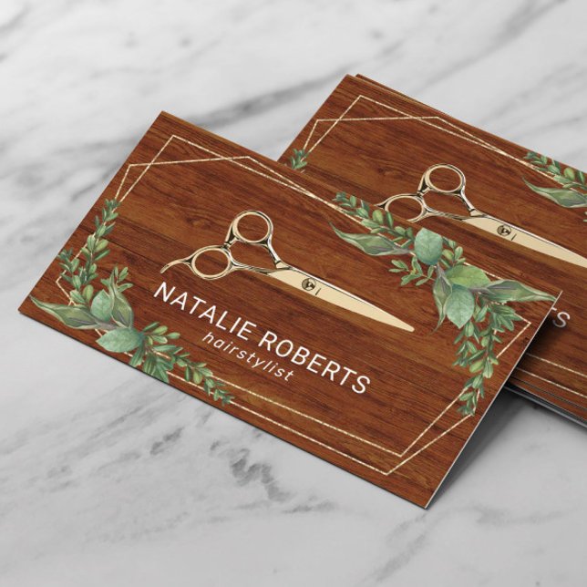 Hair Stylist Gold Scissor Geometric Greenery Wood Business Card (Creator Uploaded)