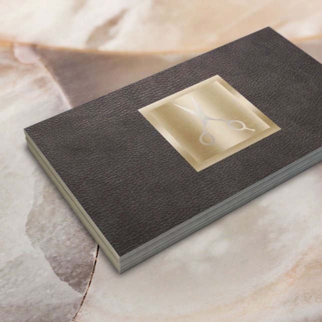 Hair Stylist Gold Scissor Logo Classy Leather Business Card (Creator Uploaded)