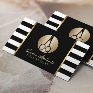 Hair Stylist Gold Scissor Logo Modern Stripes Business Card
