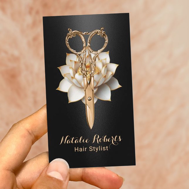 Hair Stylist Gold Scissor & Lotus Flower Salon Business Card (Creator Uploaded)