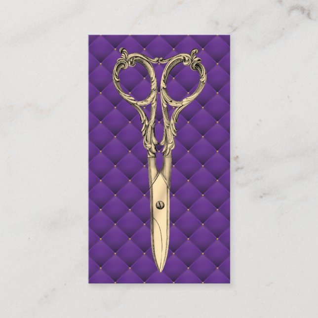 Hair Stylist Gold Scissor Luxury Purple Salon Business Card (Front)