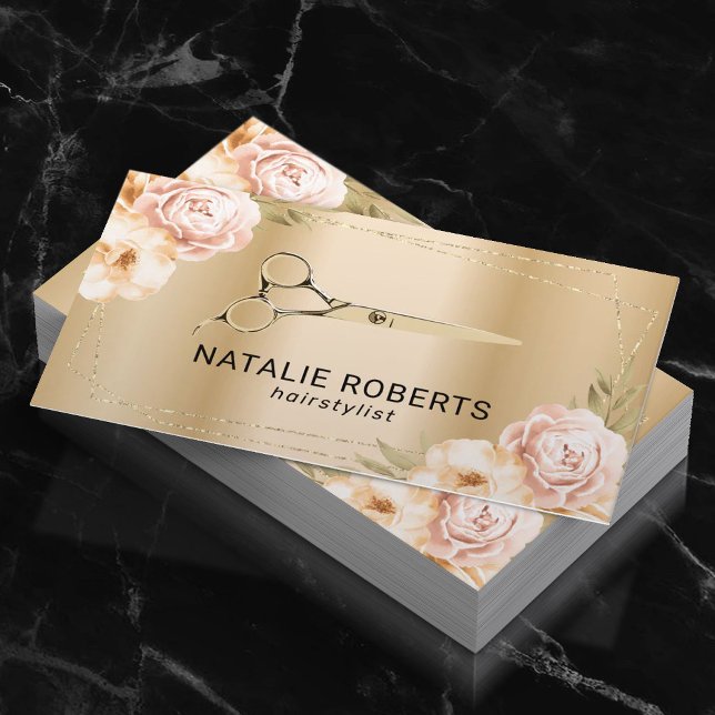 Hair Stylist Gold Scissor Modern Floral  Business Card (Creator Uploaded)