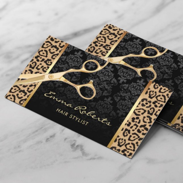 Hair Stylist Gold Scissor Modern Leopard Salon Business Card (Creator Uploaded)