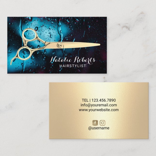 Hair Stylist Gold Scissor Rainy Window Salon Business Card (Front/Back)