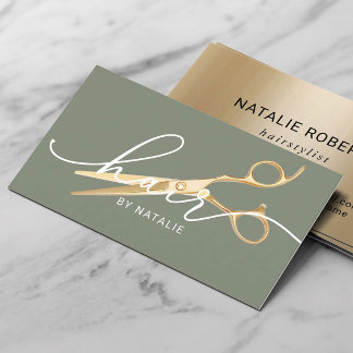 Hair Stylist Gold Scissor Sage Green Beauty Salon Business Card