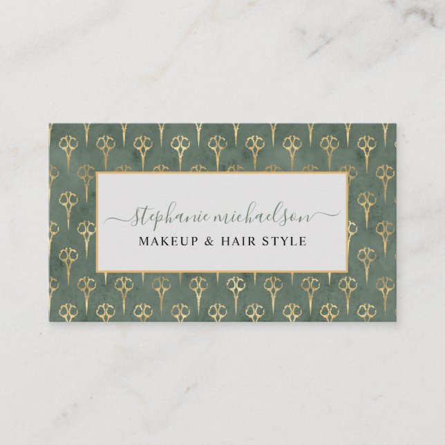 Hair Stylist Gold Scissor Sage Green Business Card (Front)