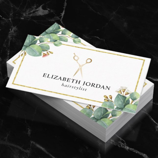 Hair Stylist Gold Scissor Salon Elegant Foliage Business Card (Creator Uploaded)