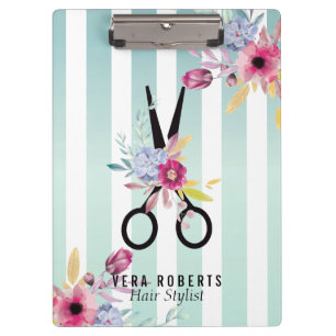 Hair Stylist Gold Scissor Striped floral Clipboard