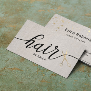 Hair Stylist Gold Scissor Typography Elegant Linen Business Card