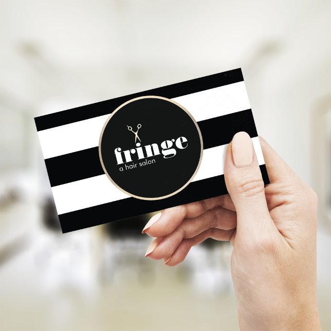 Hair Stylist Gold Scissors Black White Stripe Business Card (Creator Uploaded)