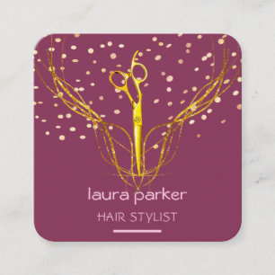 Hair Stylist Gold Scissors Pink Elegant Salon Square Business Card