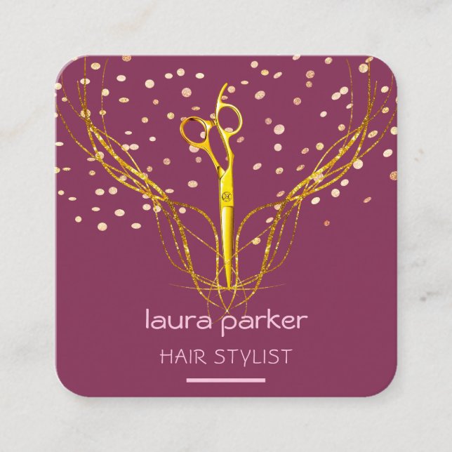 Hair Stylist Gold Scissors Pink Elegant Salon  Square Business Card (Front)