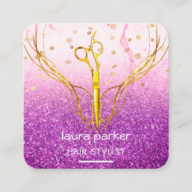 Hair Stylist Gold Scissors Purple Elegant Salon  Square Business Card (Front)