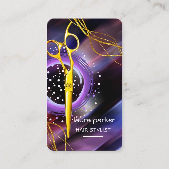Hair Stylist Gold Scissors Purple Salon Spa Business Card (Front)