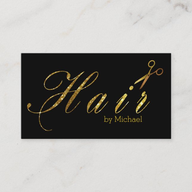 Hair Stylist Gold Scissors Script Salon #15 Business Card (Front)