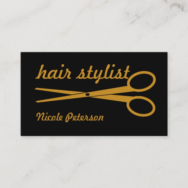 Hair Stylist - Gold Scissors with black background Business Card (Front)