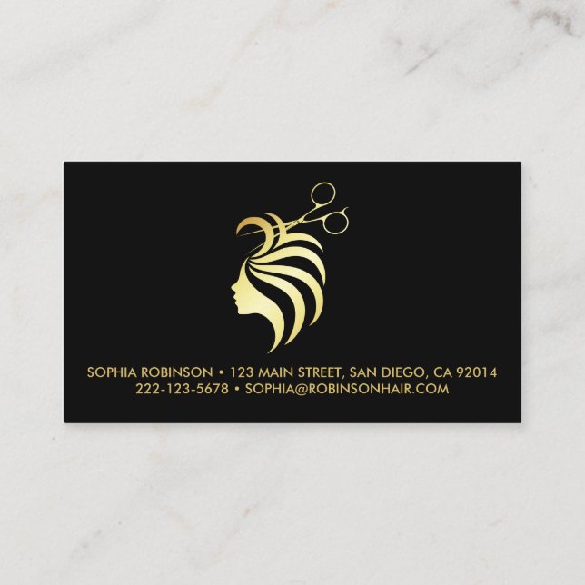 Hair Stylist Gold Script Scissors Custom Business Card (Back)