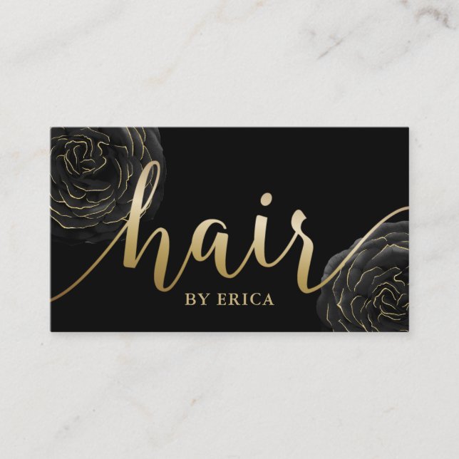Hair Stylist Gold Typography Black Floral Business Card (Front)