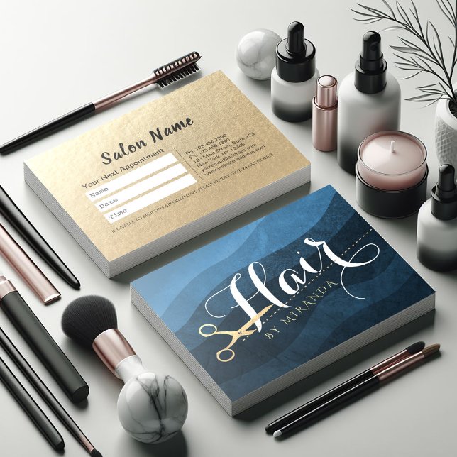 Hair Stylist Hairdresser Beauty Blue Gold Scissors Appointment Card (Creator Uploaded)