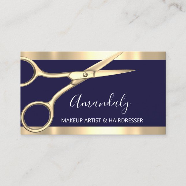 Hair Stylist Hairdresser Golden Scissors Navy VIP Business Card (Front)