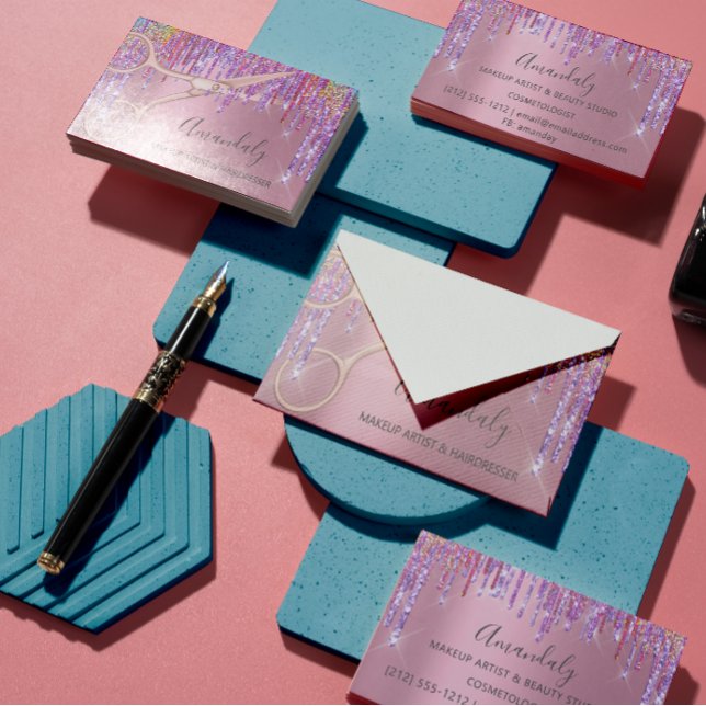 Hair Stylist Hairdresser Rose Glitter Scissors Business Card (Creator Uploaded)