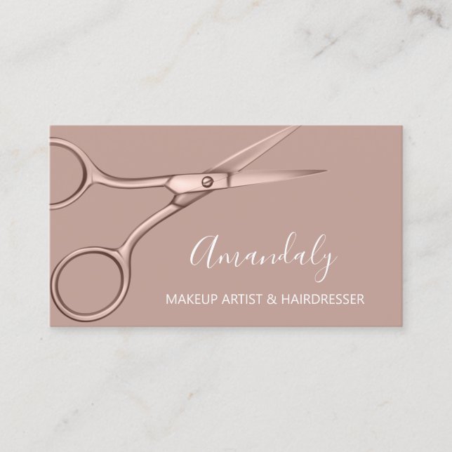 Hair Stylist Hairdresser Rose Gold Scissors Business Card (Front)
