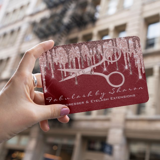 Hair Stylist Hairdresser Scissors Rose Drip Maroon Business Card (Creator Uploaded)