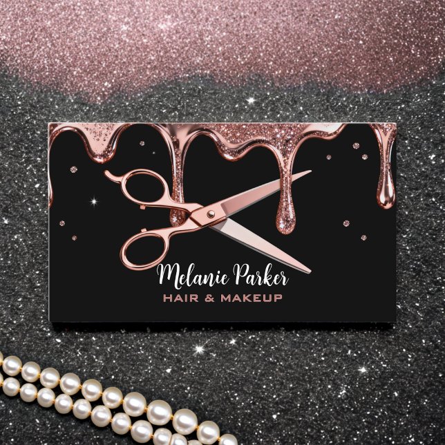 Hair Stylist Hairdresser Scissors Rose Drips Black Business Card (Creator Uploaded)