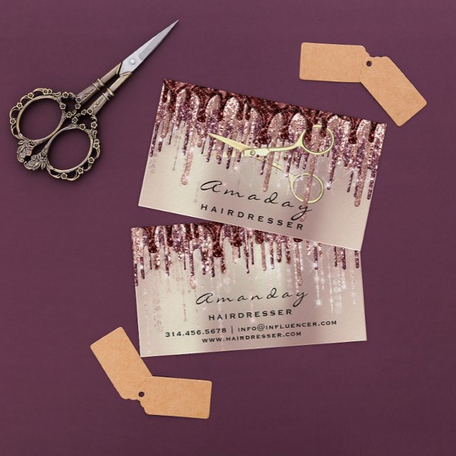Hair Stylist Hairdresser Scissors Rose Drips Business Card (Creator Uploaded)