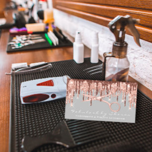 Hair Stylist Hairdresser Scissors Rose Grey Drips Business Card