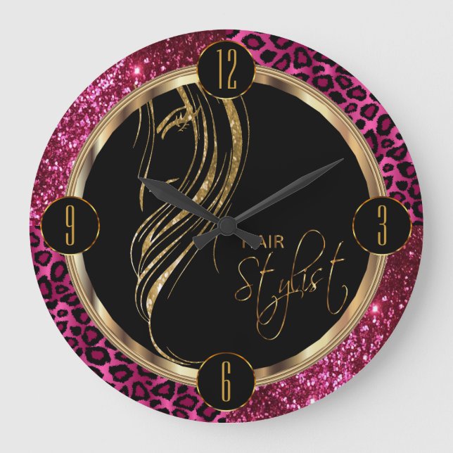 Hair Stylist Hot Pink Glitter and Leopard Print Large Clock (Front)