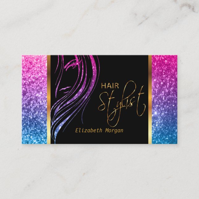 Hair Stylist in a Girly Colourful Glitter ⭐⭐⭐⭐⭐ Business Card (Front)