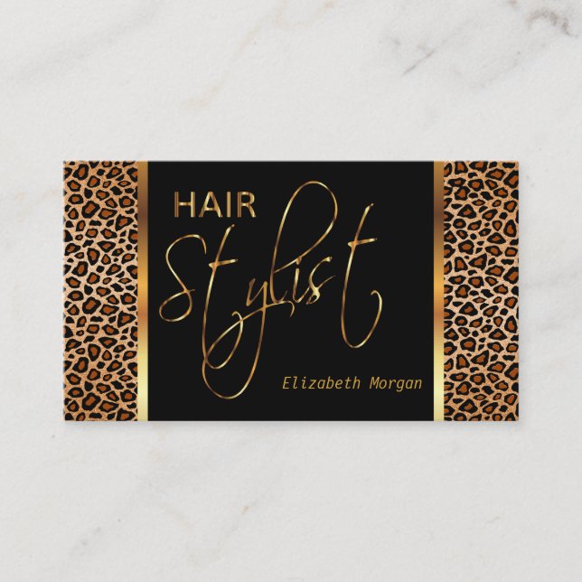 Hair Stylist in a Golden Brown Leopard Print Business Card (Front)