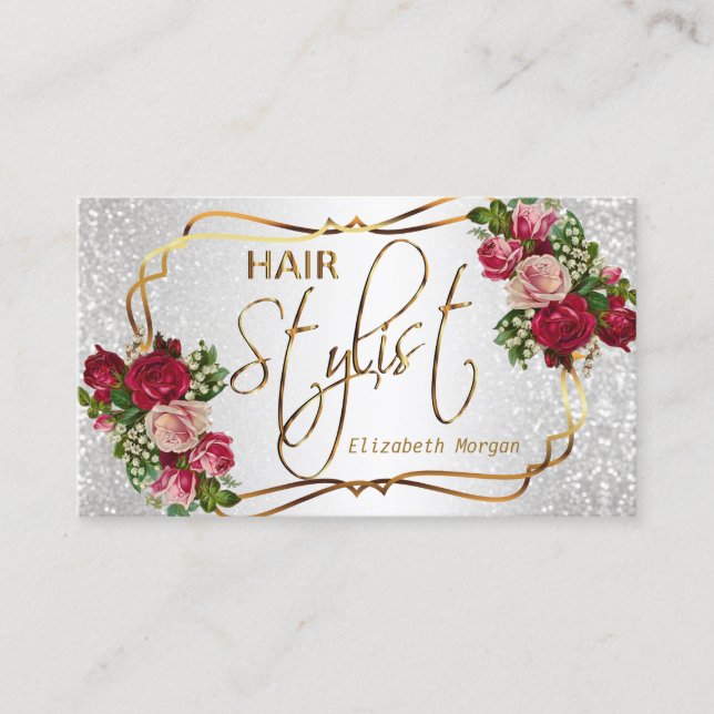 Hair Stylist in a White Glitter and Floral Business Card (Front)