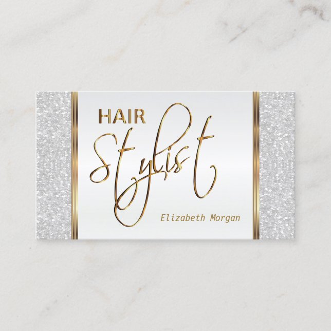 Hair Stylist in a White Glitter Business Card (Front)