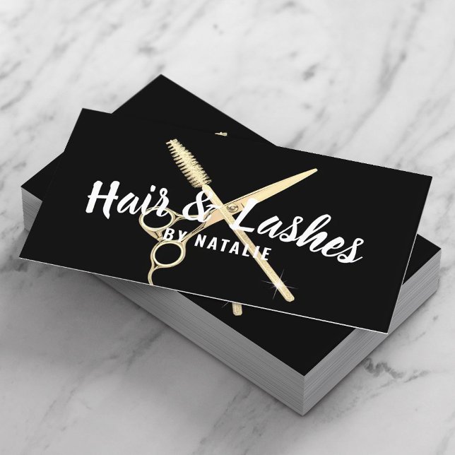 Hair Stylist Lashes Beauty Salon Black & Gold Business Card (Creator Uploaded)