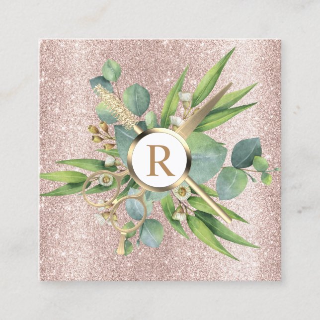 Hair Stylist Lashes Salon Botanical Rose Gold Square Business Card (Front)