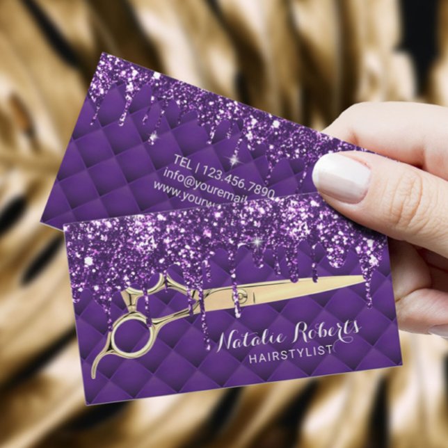 Hair Stylist Lux Purple Glitter Drips Beauty Salon Business Card (Creator Uploaded)