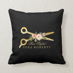 Hair Stylist Luxury Gold Scissors Damask Cushion