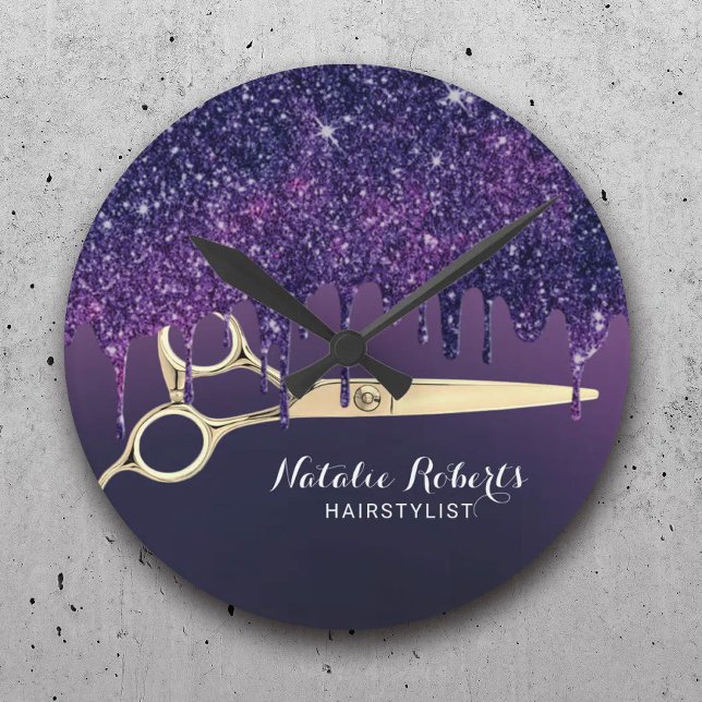 Hair Stylist Magic Purple Glitter Drips Salon  Round Clock (Creator Uploaded)