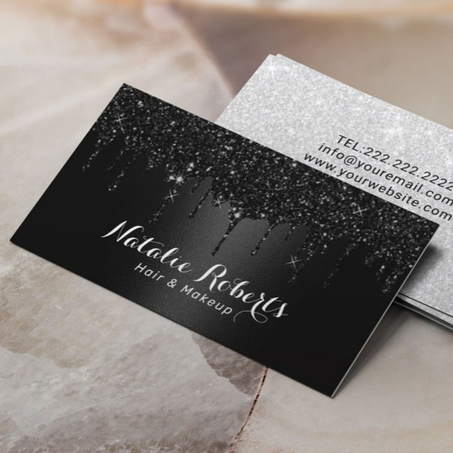 Hair Stylist Makeup Artist Black Glitter Drips Business Card (Creator Uploaded)