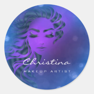 Hair Stylist Makeup Artist Blue Eyelash Purple Classic Round Sticker